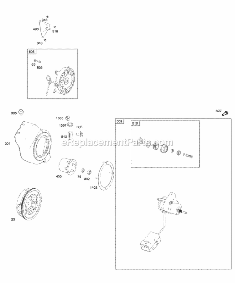 Blower HousingShrouds Electric Starter Flywheel Rewind Starter Diagram and Parts List for 084333-0197-E2  Briggs and Stratton Engine
